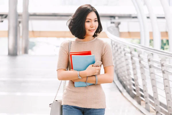Young College Woman Holding Book Walking Campus — Stock Photo, Image