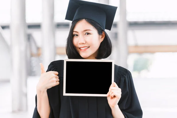 Woman Students Successful Graduation Holding Empty Blank Board — Stock Photo, Image