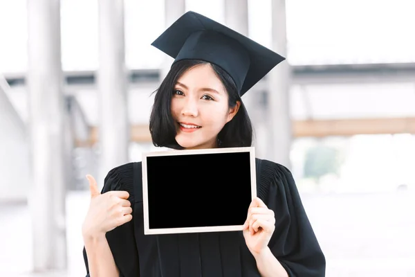 Woman Students Successful Graduation Holding Empty Blank Board — Stock Photo, Image