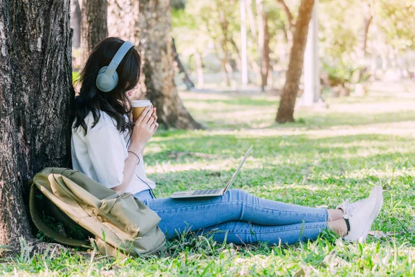 Kadın dinlenmek ve Park çimenlerin üzerinde oturan bir dizüstü bilgisayar kullanarak