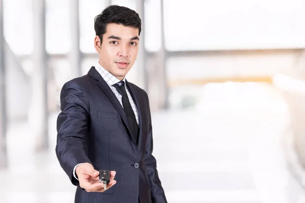 Man Dealer Giving Car Keys You Dealership Rental Concept — Stock Photo, Image