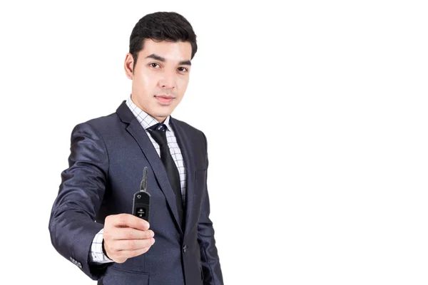 Man Dealer Giving Car Keys You Dealership Rental Concept — Stock Photo, Image