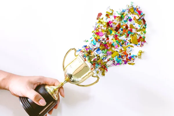 Successful Golden Trophy Colorful Paper White Background Successful Concept — Stock Photo, Image