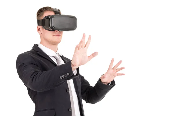 Empresario Disfrutar Con Gafas Realidad Virtual Aisladas Sobre Fondo Blanco — Foto de Stock