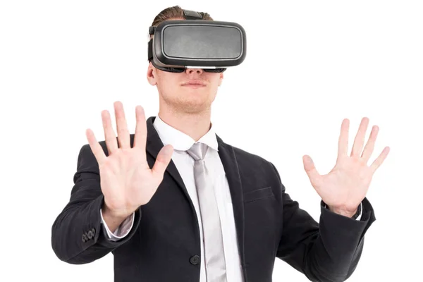 Geschäftsmann Genießt Mit Virtual Reality Brille Auf Weißem Hintergrund — Stockfoto