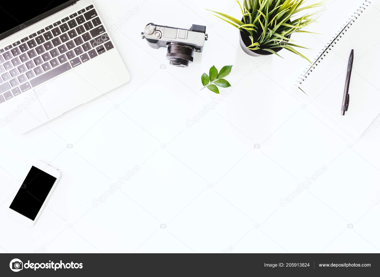 Top View Laptop Smartphone Blank Screens White Office Desk Table Stock