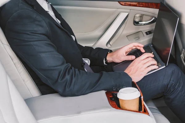 Handsome Businessman Working Laptop Computer Sitting Back Seat Car — Stock Photo, Image