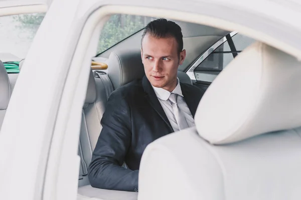 Handsome Businessman Suit Sitting Back Seat Car — Stock Photo, Image