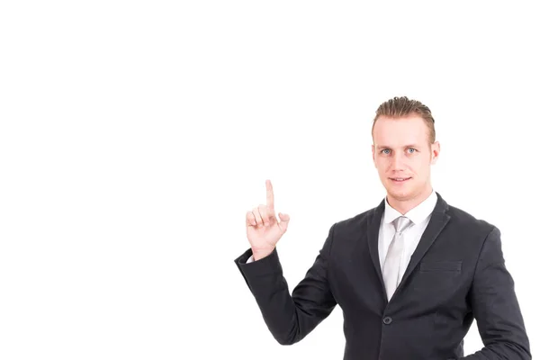 Businessman Pointing Empty Copy Space Isolated White Background — Stock Photo, Image