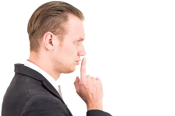 Rustige Gebaar Zakenman Met Vinger Geïsoleerd Witte Achtergrond — Stockfoto