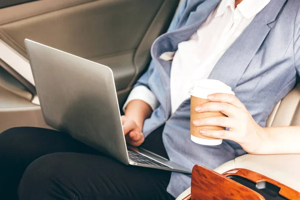 Businesswoman Work Laptop Computer Back Seat Luxury Car — Stock Photo, Image