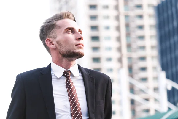 Portrait Handsome Man Black Suit Standing Outdoors — Stock Photo, Image