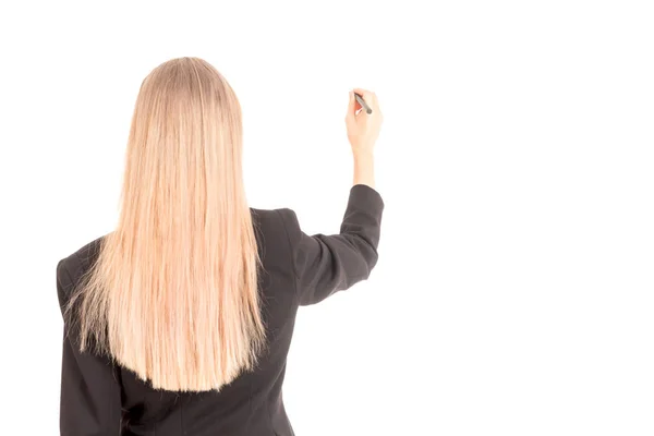 Empresária Terno Preto Escrevendo Com Caneta Tela Isolada Fundo Branco — Fotografia de Stock