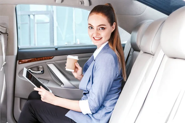 Businesswoman Work Touch Tablet Computer Back Seat Luxury Car — Stock Photo, Image