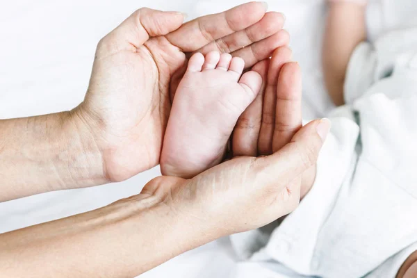 Bebé Recién Nacido Pies Las Manos Madre — Foto de Stock