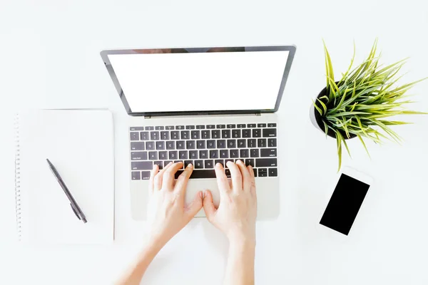 Top View Hand Use Laptop Computer Blank Screens White Office — Stock Photo, Image