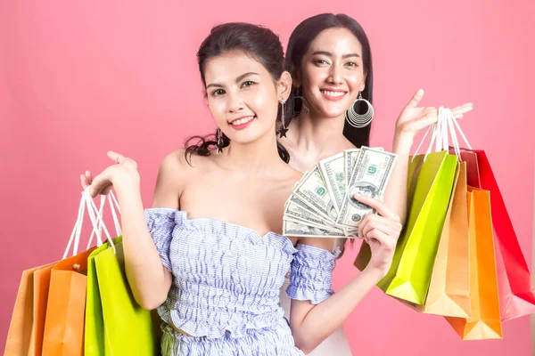 Portrait Two Beautiful Women Holding Shopping Bags Enjoying Shopping Pink — Stock Photo, Image