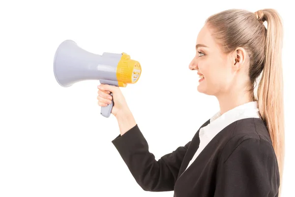 Empresária Sorridente Com Megafone Isolado Fundo Branco — Fotografia de Stock