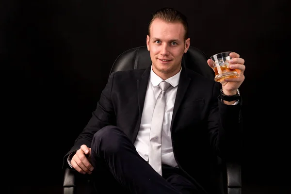 Portrait Businessman Black Suit Drinking Whiskey Black Background — Stock Photo, Image