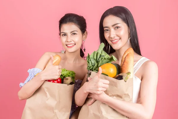 Mujer Sosteniendo Bolsa Papel Con Dieta Frutas Verduras Alimentación Saludable — Foto de Stock