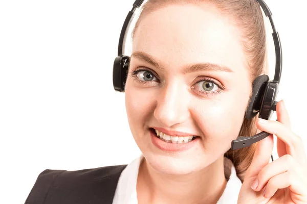 Hermosa Mujer Negocios Servicios Atención Cliente Que Trabajan Con Auriculares — Foto de Stock