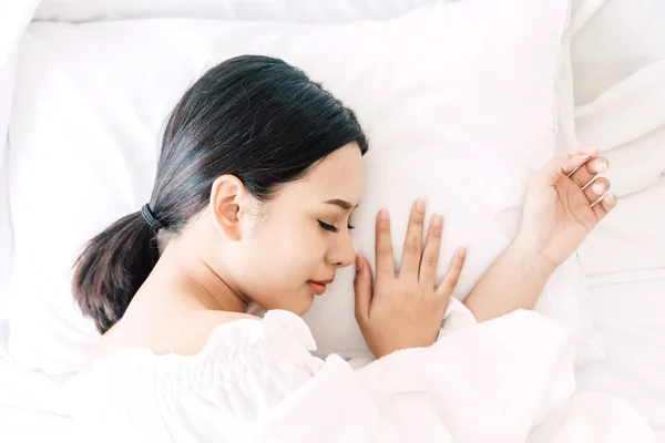 Top View Beautiful Girl Sleeps Bedroom — Stock Photo, Image