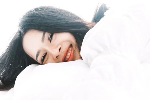 Beautiful Woman Relaxing Bed Her Room Home — Stock Photo, Image