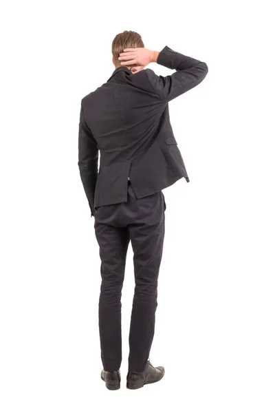 Επιχειρηματία Μαύρο Κοστούμι Στέκεται Απομονωθεί Λευκό Φόντο — Φωτογραφία Αρχείου