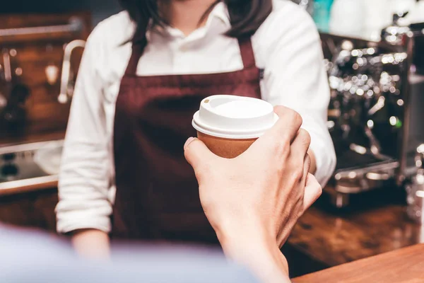Woman Barista Giving Coffee Cup Customer Cafe — Stock Photo, Image