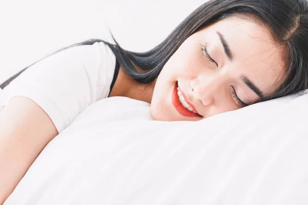 Beautiful Woman Relaxing Bed Her Room Home — Stock Photo, Image