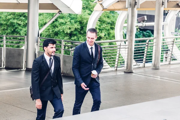 Two Smiling Businessmen Talking Walking City — Stock Photo, Image