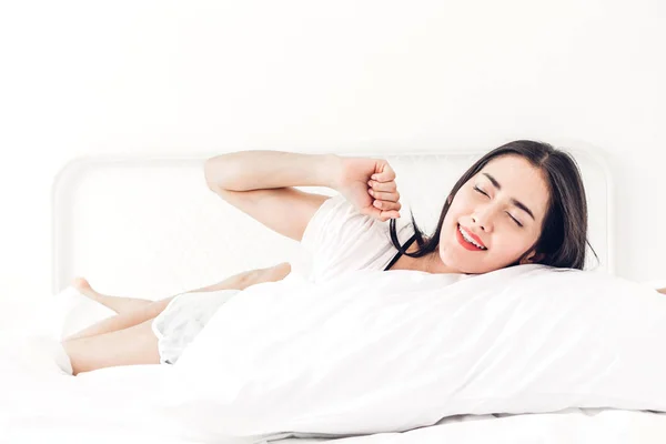 Woman Stretching Happy Relaxed Wake Morning Home — Stock Photo, Image