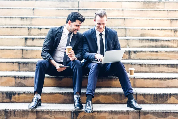 Two Businessman Coworkers Black Suit Talking Working Laptop Business People — Stock Photo, Image