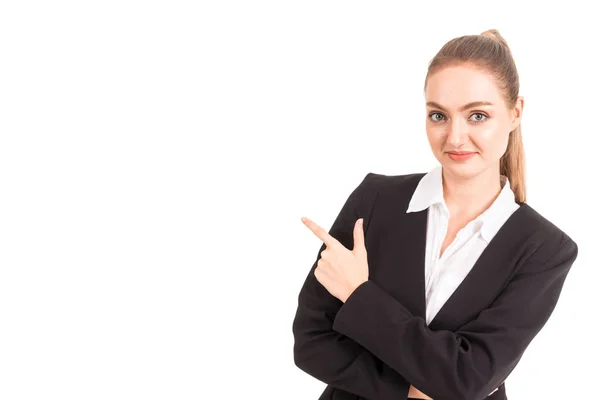 Hermosa Mujer Apuntando Espacio Copia Vacío Aislado Sobre Fondo Blanco — Foto de Stock