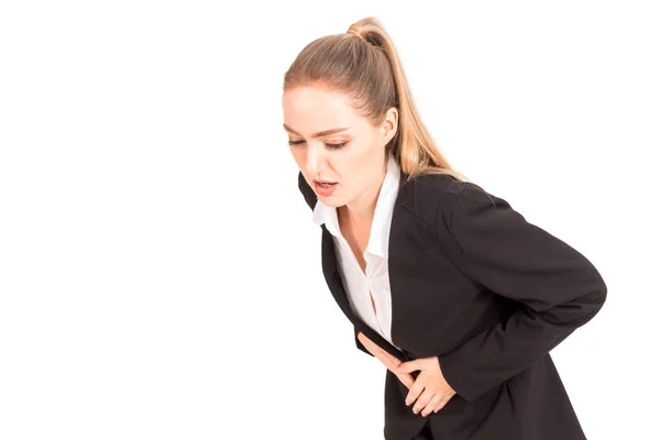 Mujer Negocios Que Tiene Dolor Estómago Doloroso Aislado Sobre Fondo — Foto de Stock
