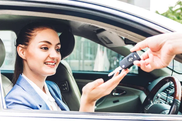 Sales Dealer Giving Car Keys New Car Business Woman Smiling — Stock Photo, Image