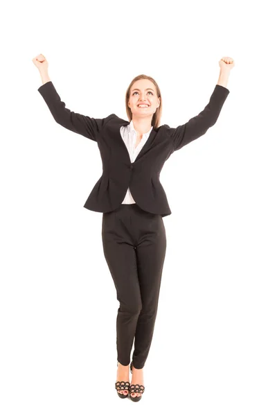 Éxito Mujer Negocios Celebrando Con Los Brazos Alto Aislado Sobre — Foto de Stock