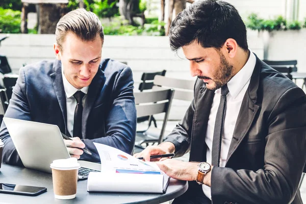 Image Two Businessman Coworkers Black Suit Talking Working Laptop Computer — Stock Photo, Image