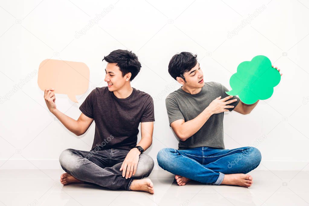 Group of friends holding a speech bubble icon