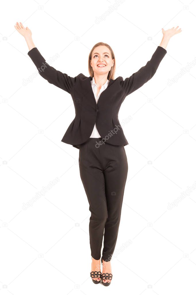 Successful of businesswoman celebrating with arms up isolated on white background