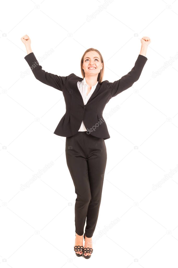 Successful of businesswoman celebrating with arms up isolated on white background