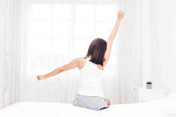 Woman Sitting Window Stretching Bed Wake Woman Happy Relaxed Breathing — Stock Photo, Image