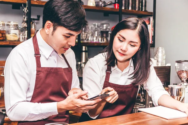 Portrait Couple Small Business Owner Smiling Working Counter Bar Cafe — Stock Photo, Image