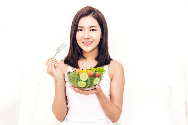 Happy Woman Eating Showing Healthy Fresh Salad Bowl Dieting Concept — Stock Photo, Image