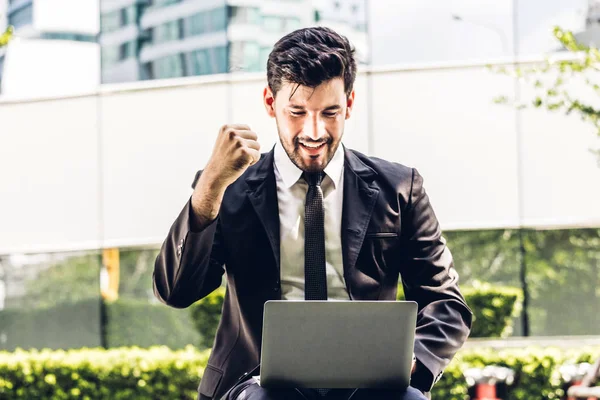 Successful Handsome Businessman Black Elegant Suit Sitting Celebrating Arms Working — Stock Photo, Image