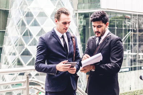 Two Smiling Businessman Coworkers Black Suit Talking Working Business People — Stock Photo, Image