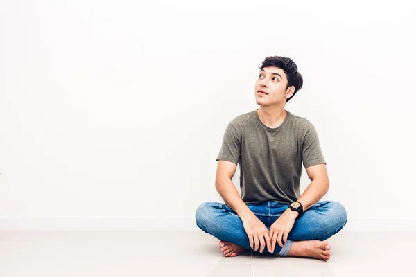 Handsome Man Sitting Relax Floor Copy Space Adding Text White — Stock Photo, Image