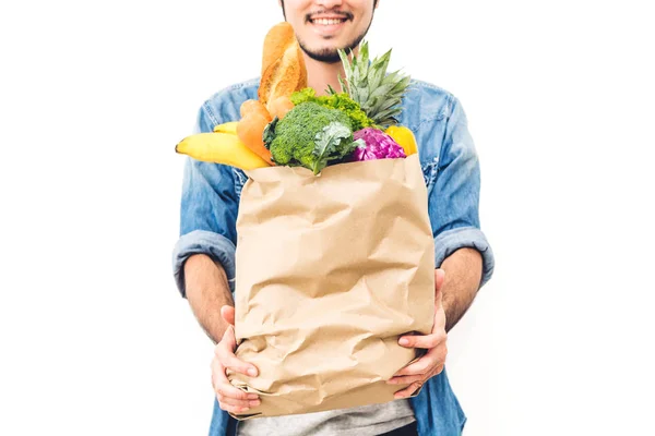 Мужчина Держит Пакет Фруктами Овощами Белом Фоне — стоковое фото