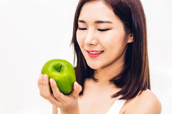 Woman Holding Eating Fresh Green Apple White Background Dieting Concept — Stock Photo, Image