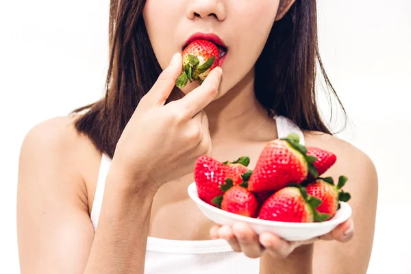 Woman Eating Fresh Strawberry White Background Dieting Concept Healthy Lifestyle — Stock Photo, Image